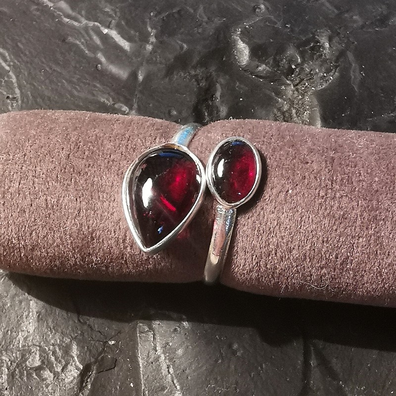 Bague Artisanale Réglable En Argent 925 Avec Grenat Et Citrines - Création Unique De L'Atelier Lunaire - Livrée Avec écrin