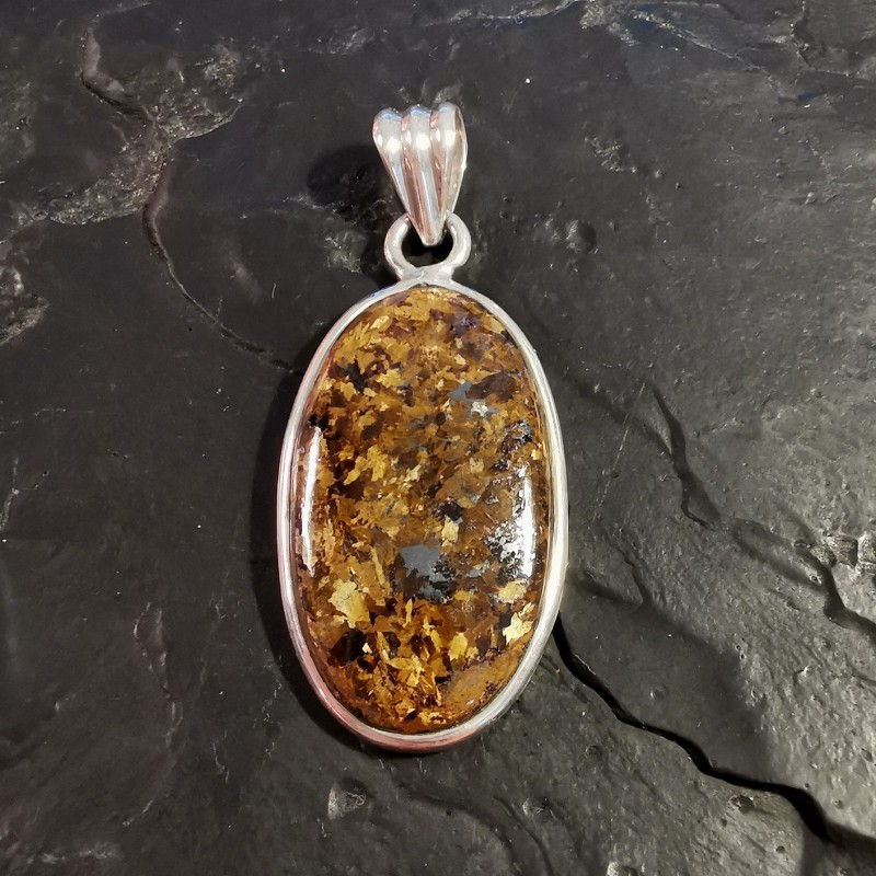 Bronzite - pendentif monté en argent - pièce unique - 3e chakra de Pendentifs sertis en argent