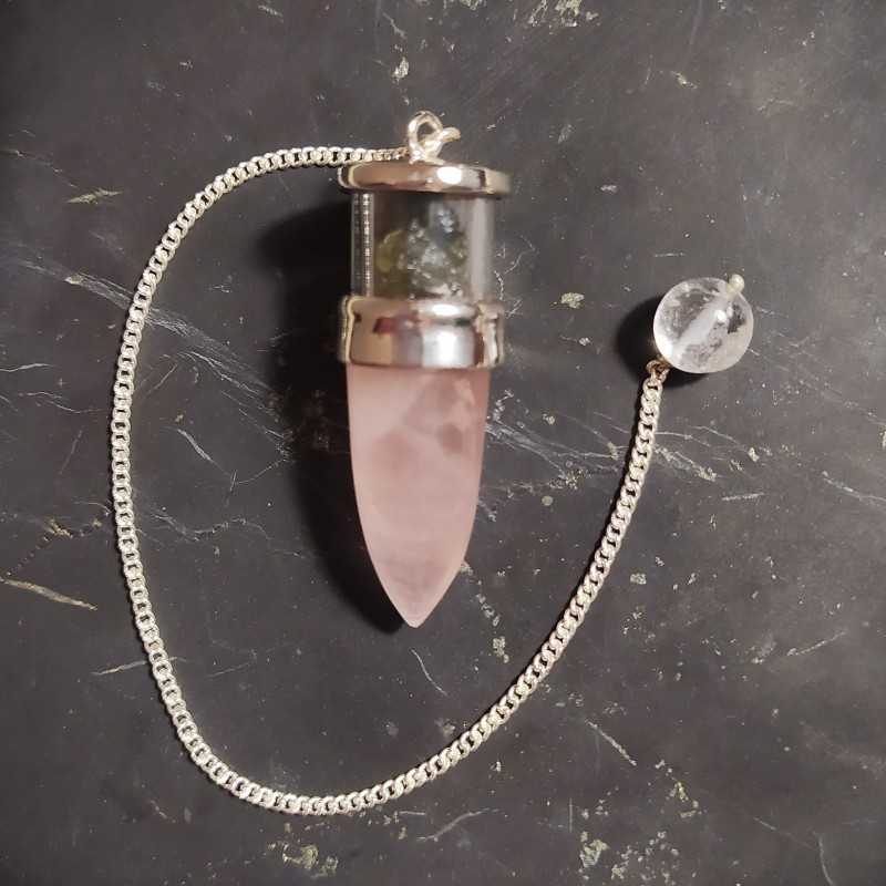 Quartz rose + Moldavite - Pendule monté en argent - 4ème chakra de Catalogue pierres et cristaux